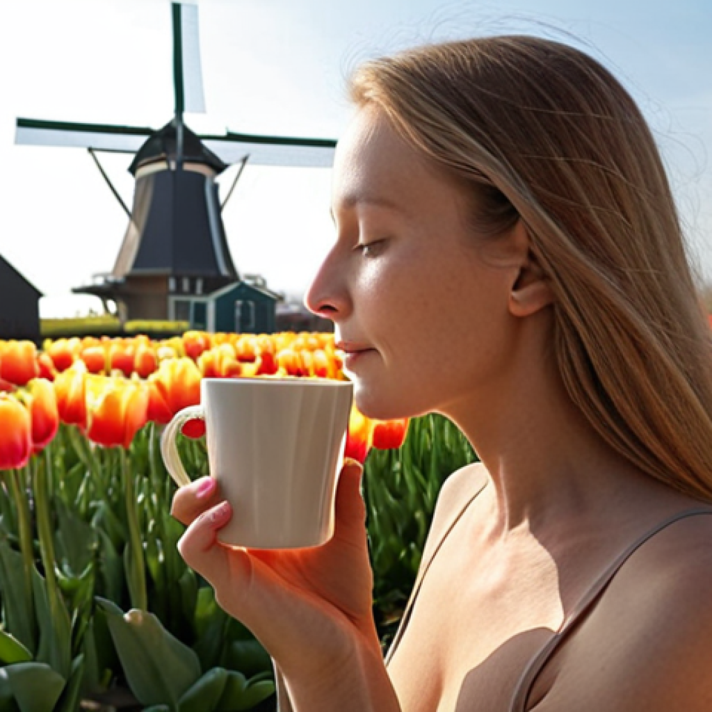 **A serene woman practicing mindfulness in a sun-drenched Dutch garden, sipping coffee. She is surrounded by tulips and windmills are visible in the distance. Soft, natural lighting. Focus on the present moment, feeling the sun on her skin.**