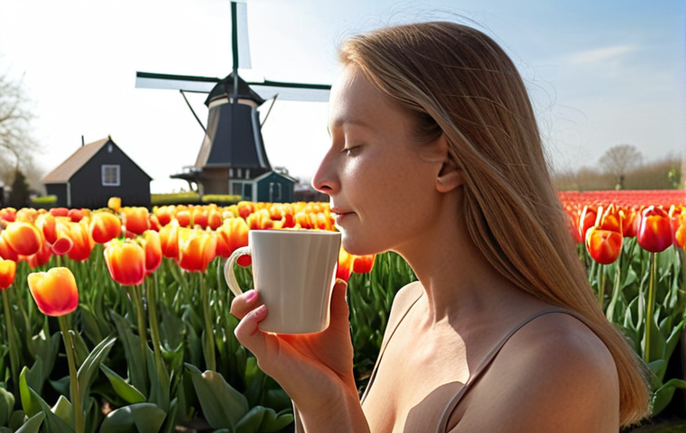 **A serene woman practicing mindfulness in a sun-drenched Dutch garden, sipping coffee. She is surrounded by tulips and windmills are visible in the distance. Soft, natural lighting. Focus on the present moment, feeling the sun on her skin.**