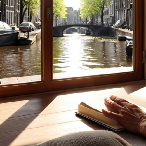 **A serene individual practicing mindfulness meditation in a sun-drenched Amsterdam canal-side apartment, with calming soft light, and a small journal nearby, emphasizing gratitude and inner peace.**