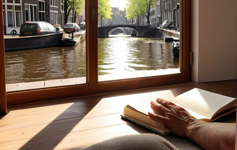 **A serene individual practicing mindfulness meditation in a sun-drenched Amsterdam canal-side apartment, with calming soft light, and a small journal nearby, emphasizing gratitude and inner peace.**