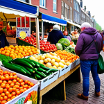 **

A vibrant farmers market scene in the Netherlands. Focus on fresh, colorful produce like vegetables, fruits, and legumes. Depict happy people interacting and buying local, seasonal food. Emphasize the concept of sustainable eating and community.

**