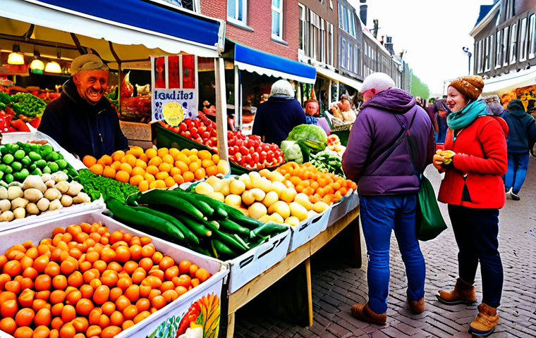**

A vibrant farmers market scene in the Netherlands. Focus on fresh, colorful produce like vegetables, fruits, and legumes. Depict happy people interacting and buying local, seasonal food. Emphasize the concept of sustainable eating and community.

**