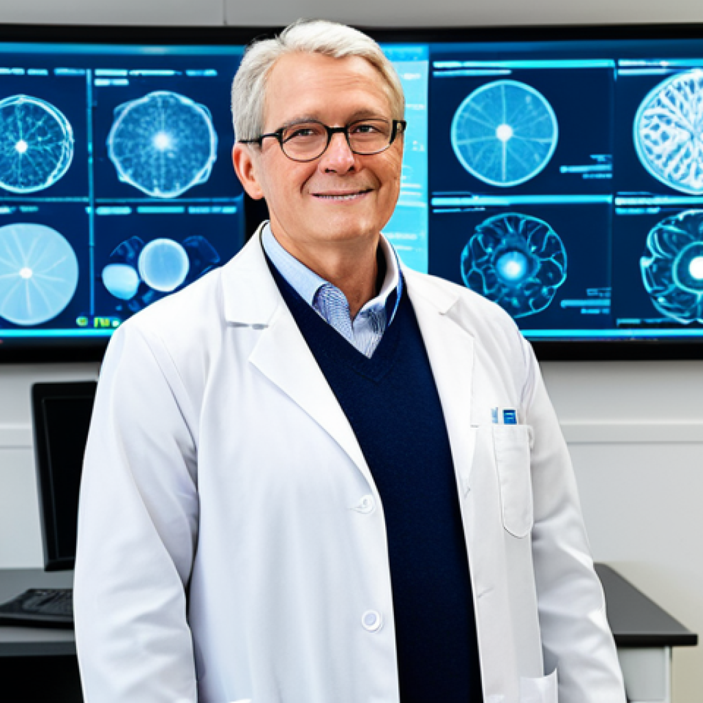 A professional scientist and leader in the field of aging research, fully clothed in a modest, professional lab coat over smart business attire, stands confidently in a state-of-the-art research laboratory. The background features advanced, clean lab equipment and a large transparent holographic display showcasing intricate biological data visualizations and AI-driven predictive health algorithms. The leader gestures thoughtfully towards the display, conveying a sense of vision and guidance. The atmosphere is inspiring and forward-thinking, with bright, clean lighting. perfect anatomy, correct proportions, natural pose, well-formed hands, proper finger count, natural body proportions, safe for work, appropriate content, family-friendly, high quality professional photography.