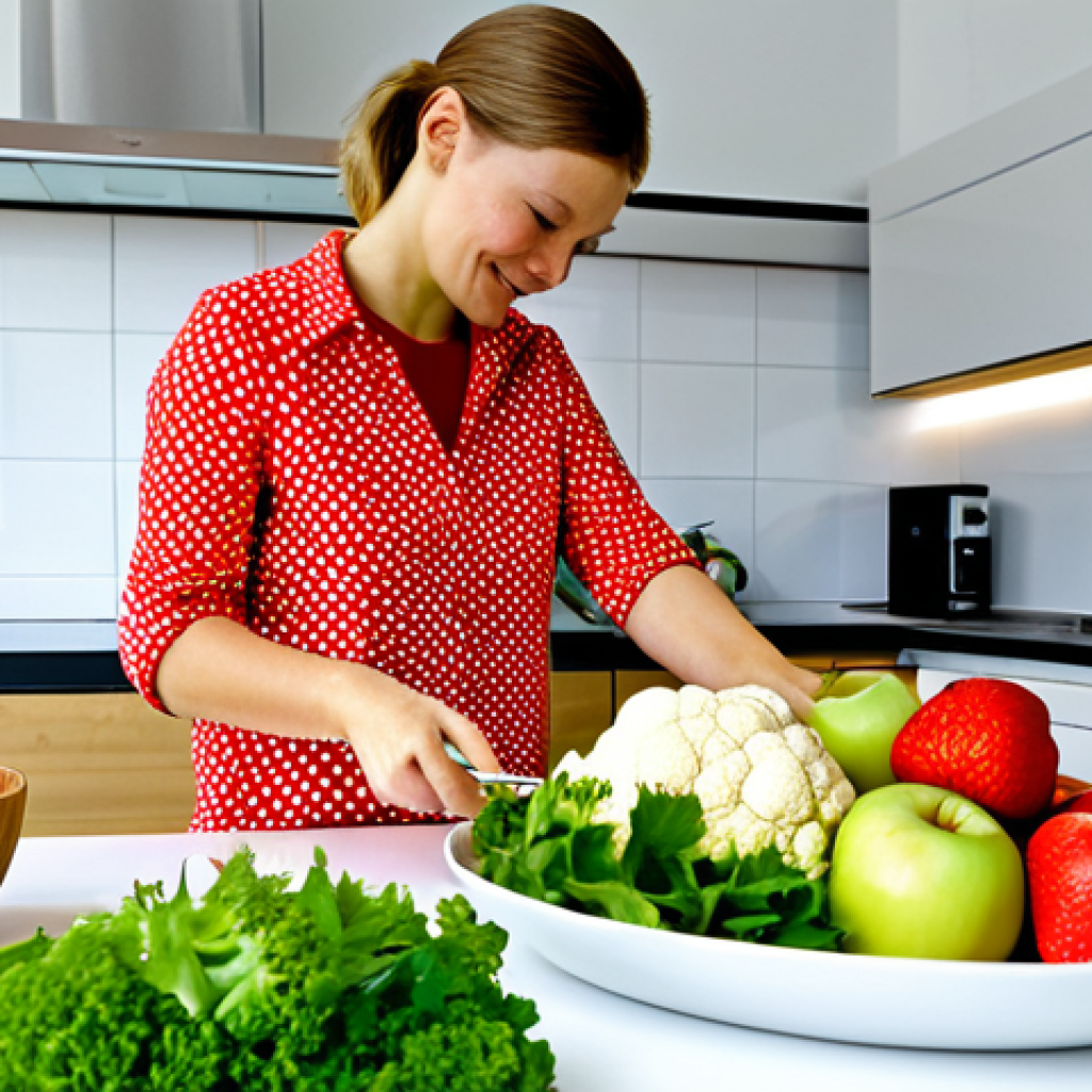 Healthy Eating in a Modern Dutch Kitchen**

A vibrant, colorful display of fresh fruits and vegetables on a kitchen counter in a modern Dutch home. A woman, fully clothed in casual, comfortable attire, is preparing a healthy meal, perhaps a salad or smoothie. The kitchen is bright and airy, with typical Dutch design elements. Include a close-up of ingredients like "Hollandse aardbeien" (Dutch strawberries), "bloemkool" (cauliflower) and "appelstroop" (apple syrup). Safe for work, appropriate content, family-friendly, professional, perfect anatomy, natural proportions, well-formed hands.

**