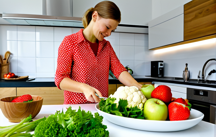 Healthy Eating in a Modern Dutch Kitchen**

A vibrant, colorful display of fresh fruits and vegetables on a kitchen counter in a modern Dutch home. A woman, fully clothed in casual, comfortable attire, is preparing a healthy meal, perhaps a salad or smoothie. The kitchen is bright and airy, with typical Dutch design elements. Include a close-up of ingredients like "Hollandse aardbeien" (Dutch strawberries), "bloemkool" (cauliflower) and "appelstroop" (apple syrup). Safe for work, appropriate content, family-friendly, professional, perfect anatomy, natural proportions, well-formed hands.

**