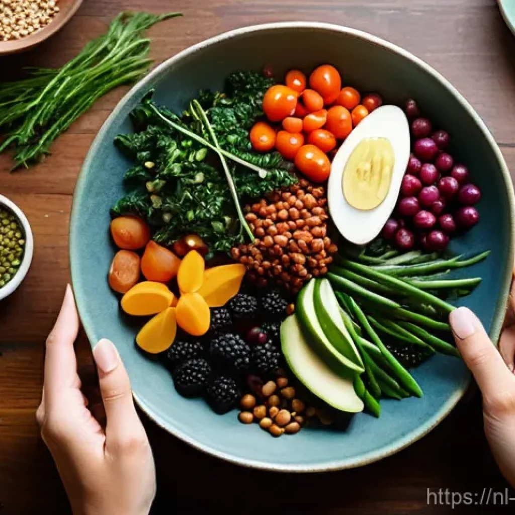 장수와 관련된 건강한 라이프스타일 - **Vibrant Longevity Meal:** A high-angle, close-up photograph of a beautifully arranged, colorful pl...