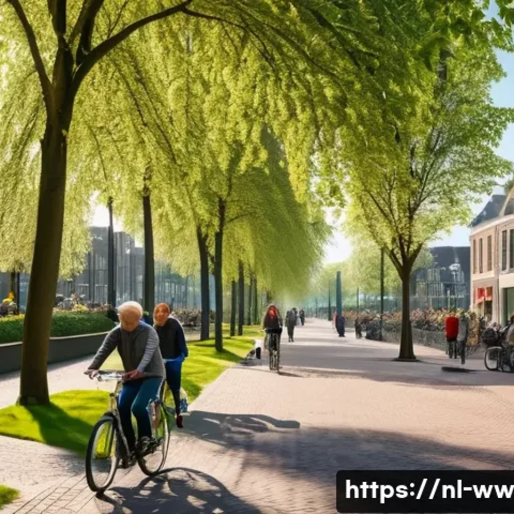 장수와 환경 요인의 상관관계 - A vibrant urban park in the Netherlands during spring, filled with lush green trees, colorful flower...