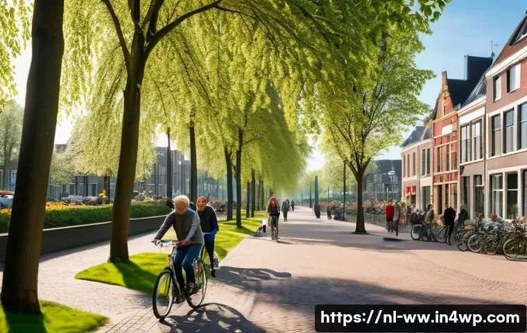 장수와 환경 요인의 상관관계 - A vibrant urban park in the Netherlands during spring, filled with lush green trees, colorful flower...