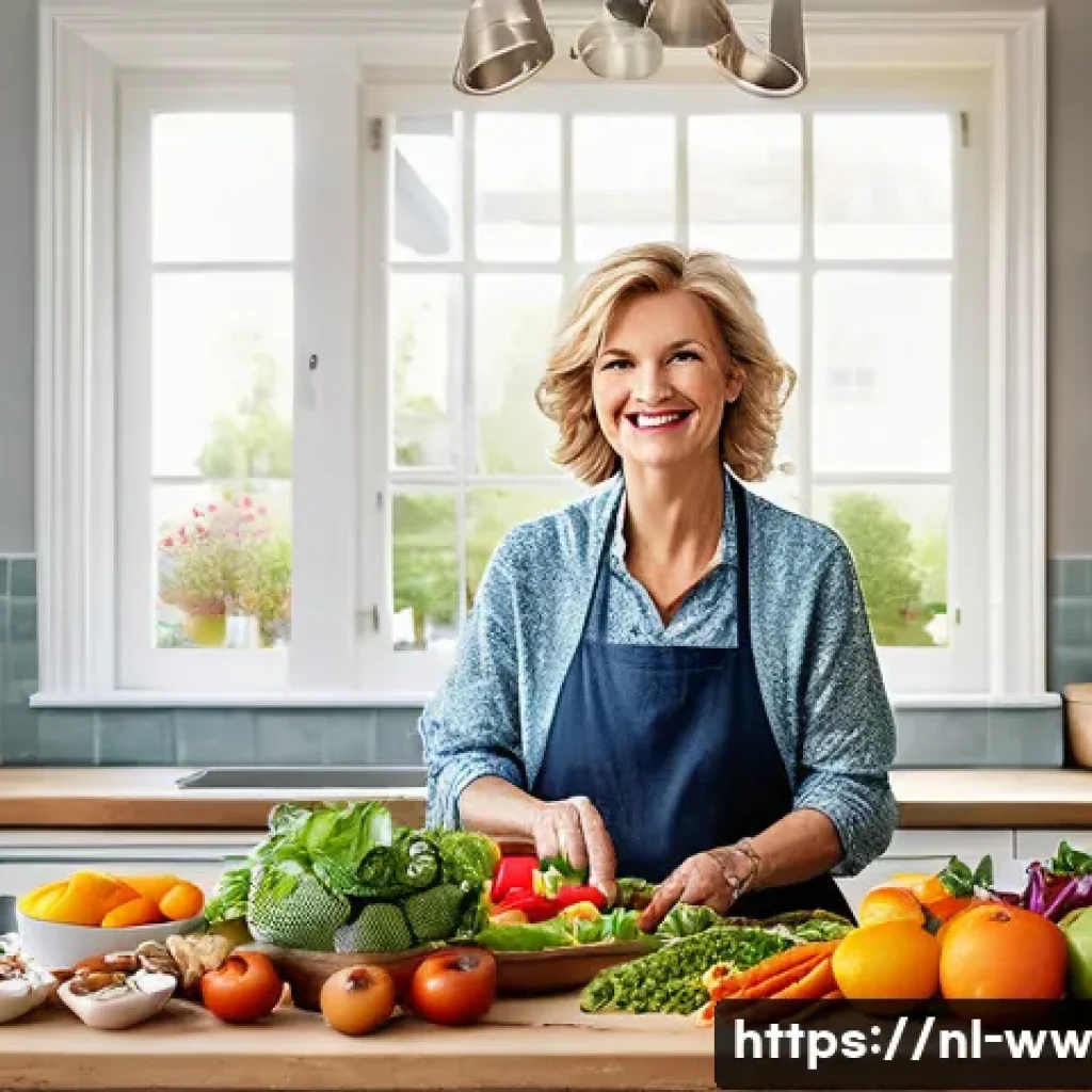 장수와 관련된 불로장생 이론 - A vibrant, detailed scene of a middle-aged Dutch woman preparing a colorful, balanced meal in a mode...