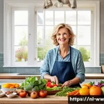 장수와 관련된 불로장생 이론 - A vibrant, detailed scene of a middle-aged Dutch woman preparing a colorful, balanced meal in a mode...