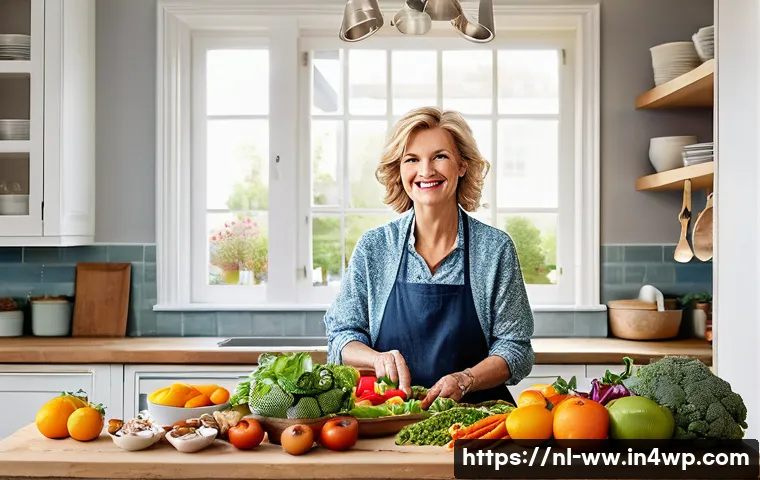 장수와 관련된 불로장생 이론 - A vibrant, detailed scene of a middle-aged Dutch woman preparing a colorful, balanced meal in a mode...