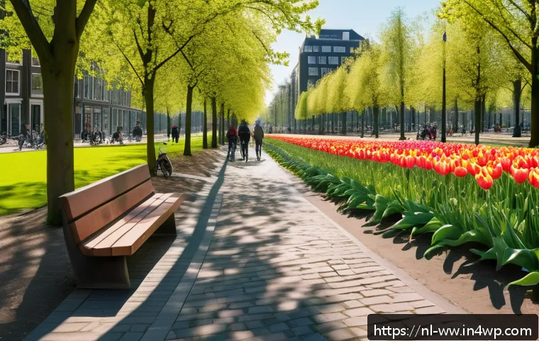 장수와 관련된 도시 환경의 영향 - A vibrant urban park scene in Amsterdam during springtime, featuring diverse groups of people stroll...