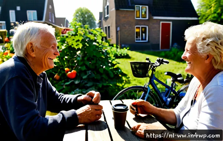 장수 연구에서의 사회적 요인 - Photorealistic documentary-style scene of three active Dutch seniors sharing coffee and conversation...